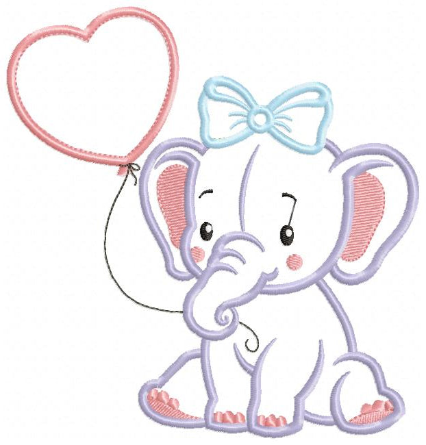 Baby Elephant Girl with Balloon - Applique - Machine Embroidery Design