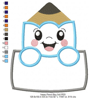 Happy School Pencil Boy and Girl - Applique - Set of 2 designs