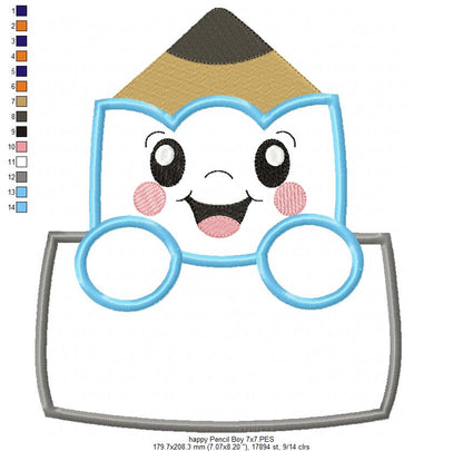 Happy School Pencil Boy and Girl - Applique - Set of 2 designs