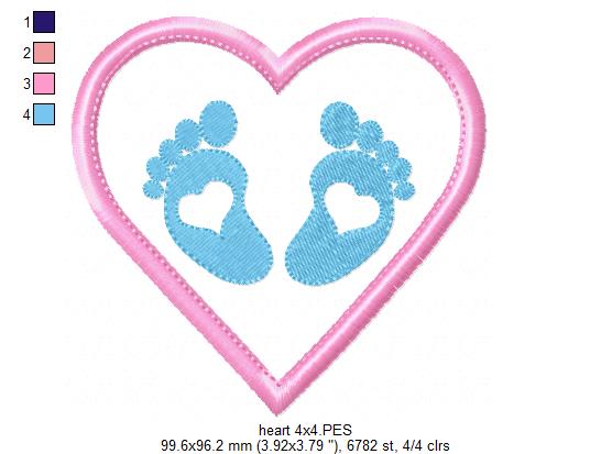 Baby Feets and Heart - Applique - Machine Embroidery Design