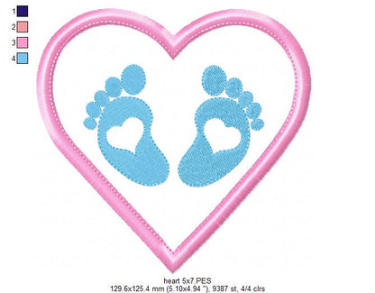 Baby Feets and Heart - Applique - Machine Embroidery Design