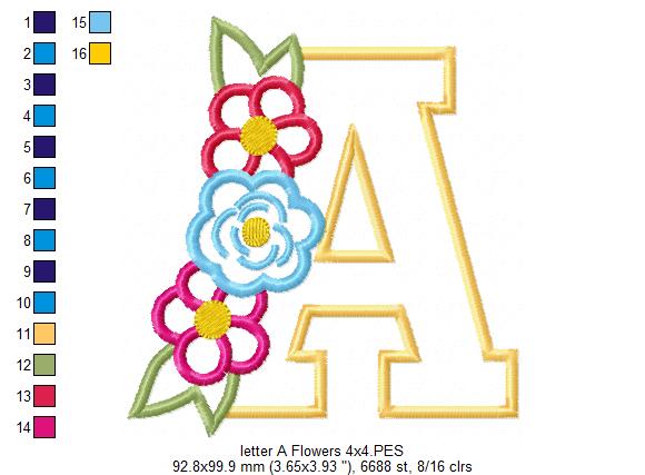 Monogram A and Flowers - Applique - Machine Embrodiery Design