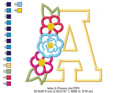 Monogram A and Flowers - Applique - Machine Embrodiery Design