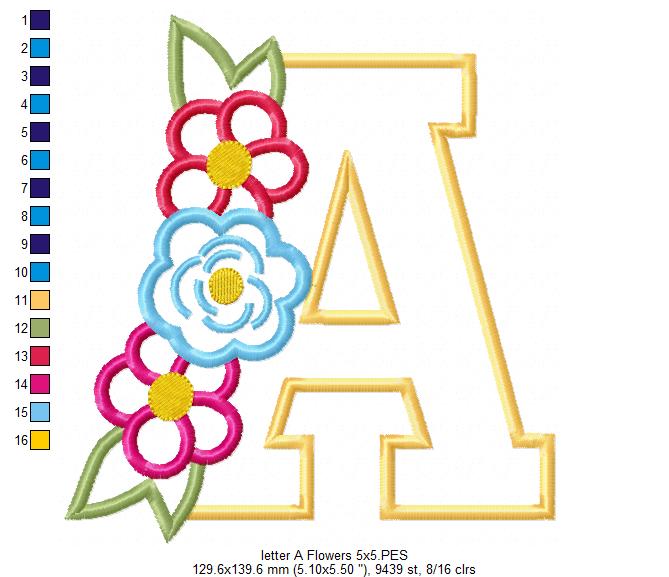 Monogram A and Flowers - Applique - Machine Embrodiery Design