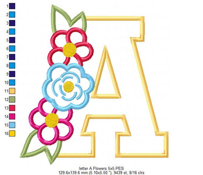 Monogram A and Flowers - Applique - Machine Embrodiery Design