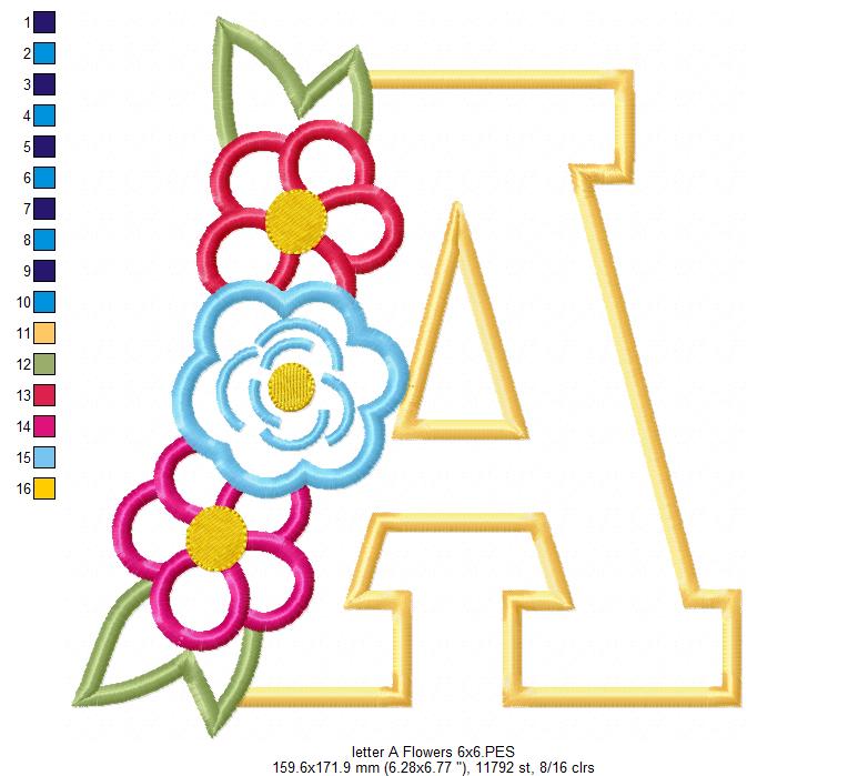 Monogram A and Flowers - Applique - Machine Embrodiery Design