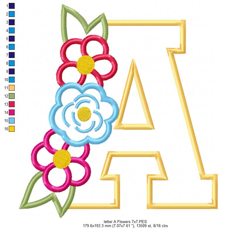 Monogram A and Flowers - Applique - Machine Embrodiery Design