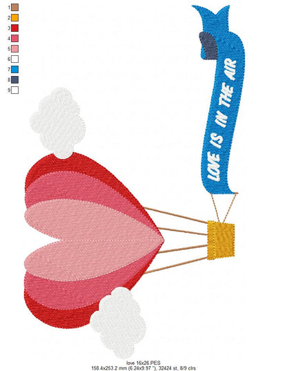 Love Is In The Air Heart Balloon - Fill Stitch - Machine Embroidery Design