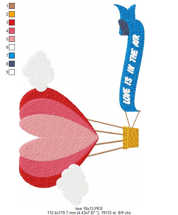 Love Is In The Air Heart Balloon - Fill Stitch - Machine Embroidery Design