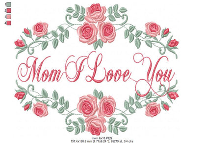 Mom I Love You - Fill Stitch - Machine Embroidery Design