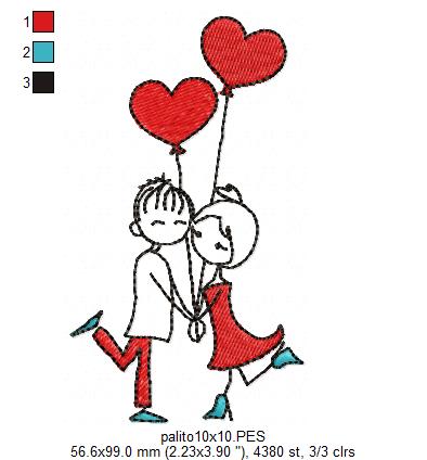 Sweet Couple with Heart Balloons - Fill Stitch - Machine Embroidery Design