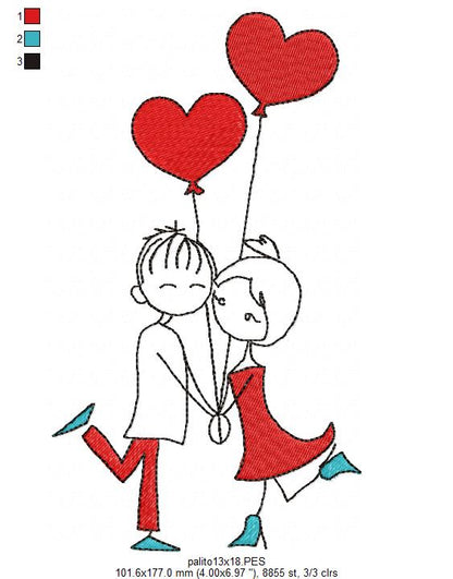 Sweet Couple with Heart Balloons - Fill Stitch - Machine Embroidery Design