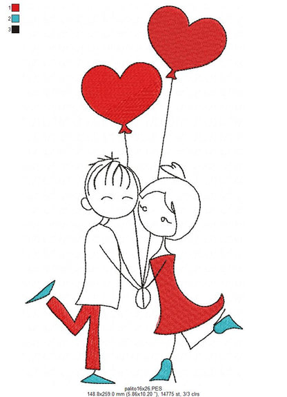 Sweet Couple with Heart Balloons - Fill Stitch - Machine Embroidery Design