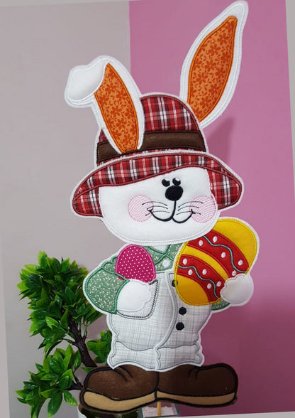Easter Farmer Bunny Holding an Egg - Vase Ornament - ITH Project - Machine Embroidery Design