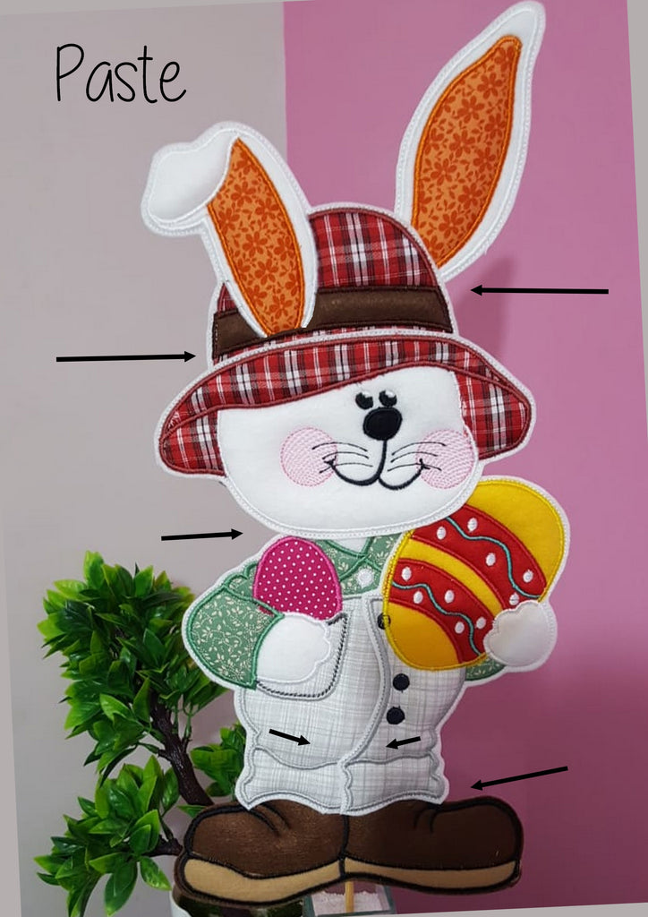 Easter Farmer Bunny Holding an Egg - Vase Ornament - ITH Project - Machine Embroidery Design