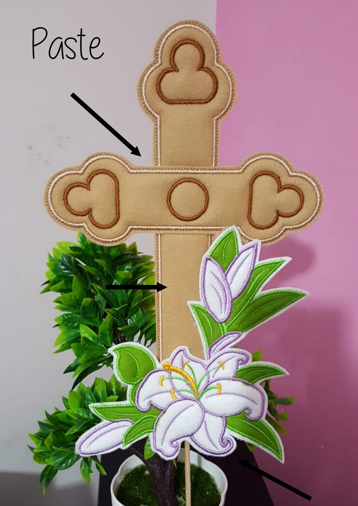 Easter Cross with Flowers Vase Ornament - ITH Project - Machine Embroidery Design