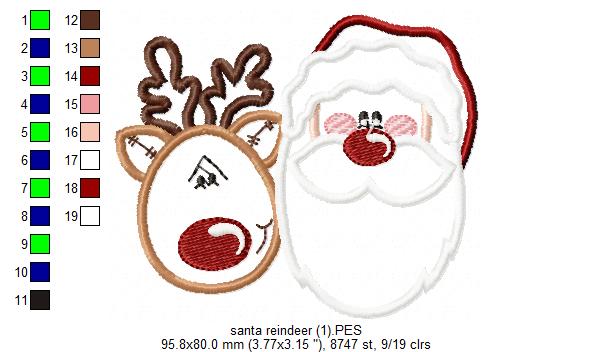 Santa Claus and Rudolf Reindeer - Applique - Machine Embroidery Design