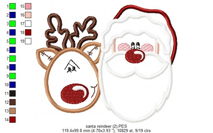 Santa Claus and Rudolf Reindeer - Applique - Machine Embroidery Design