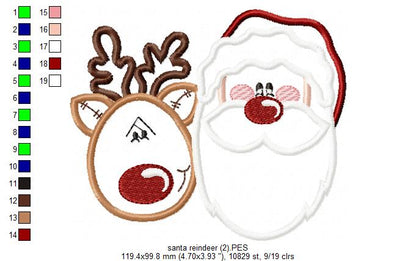 Santa Claus and Rudolf Reindeer - Applique - Machine Embroidery Design