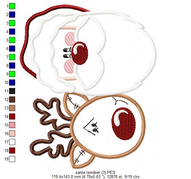 Santa Claus and Rudolf Reindeer - Applique - Machine Embroidery Design