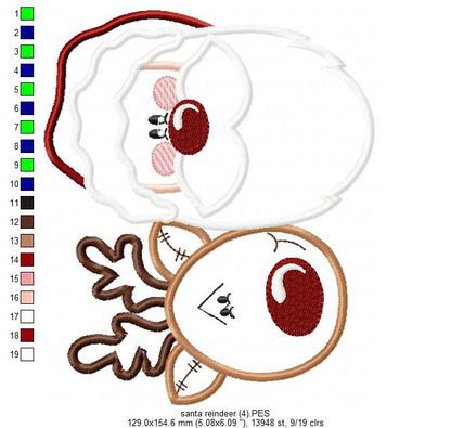 Santa Claus and Rudolf Reindeer - Applique - Machine Embroidery Design