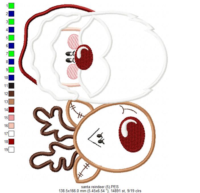 Santa Claus and Rudolf Reindeer - Applique - Machine Embroidery Design