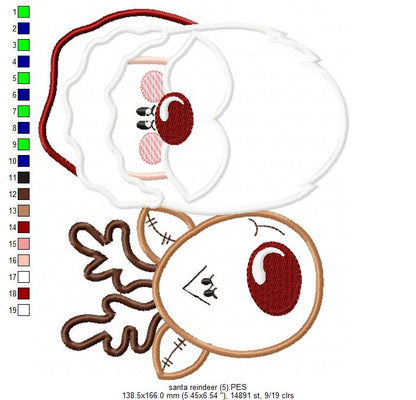 Santa Claus and Rudolf Reindeer - Applique - Machine Embroidery Design