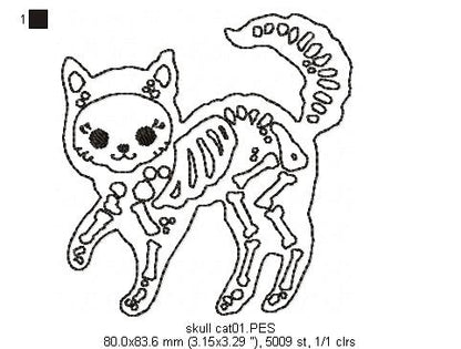 Skull Cat - Redwork