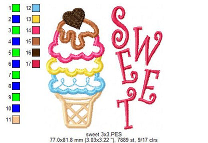 Sweet Ice Cream Summer - Applique - Machine Embroidery Design