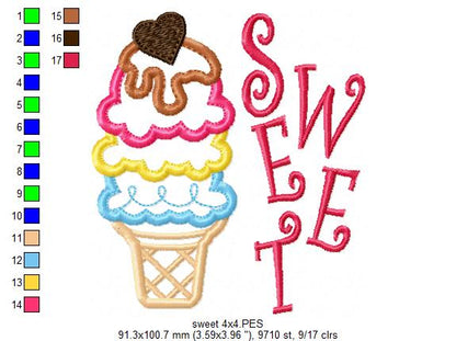 Sweet Ice Cream Summer - Applique - Machine Embroidery Design